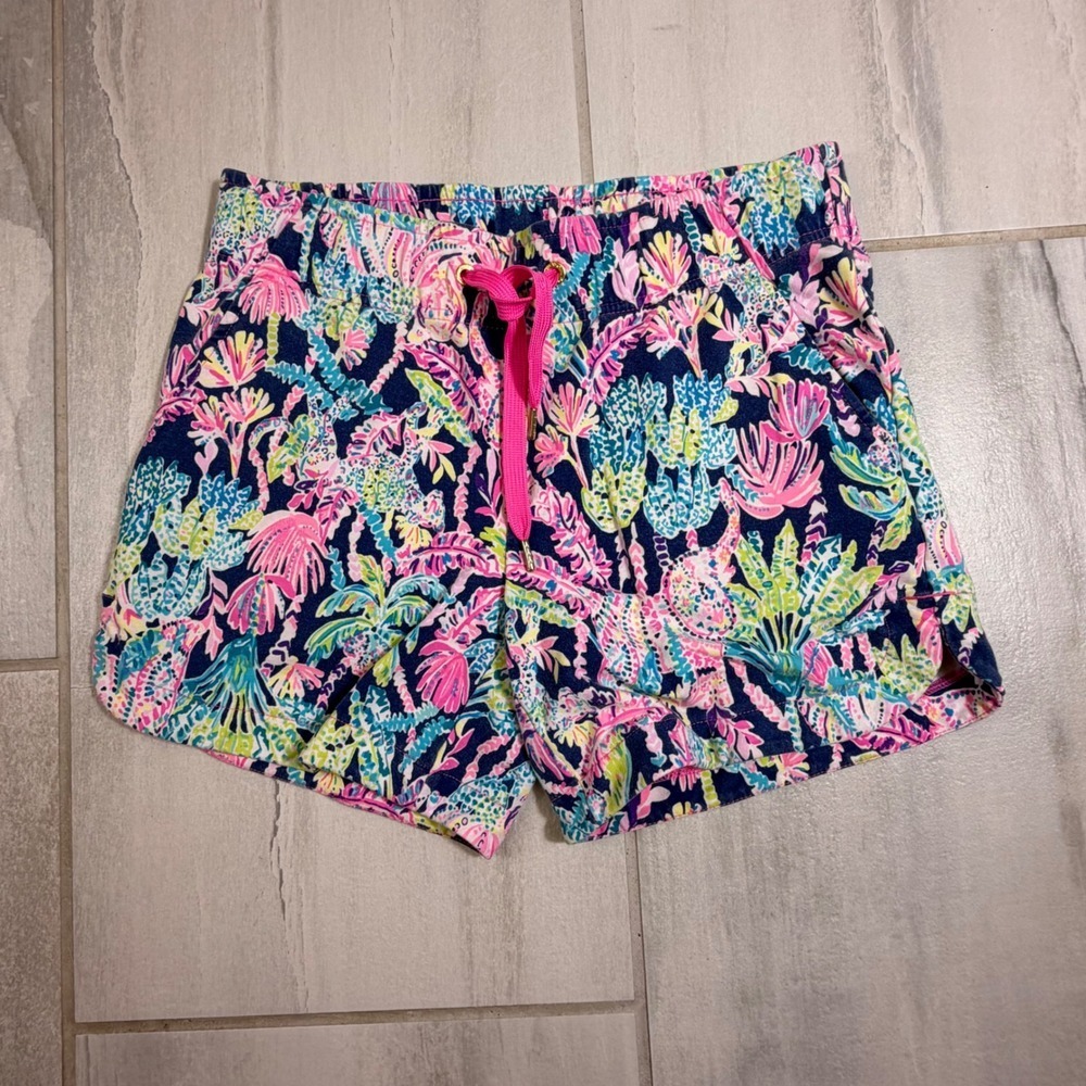 Lilly Pulitzer Ocean Trail Shorts Navy Tropical Floral Pink Drawstring XS